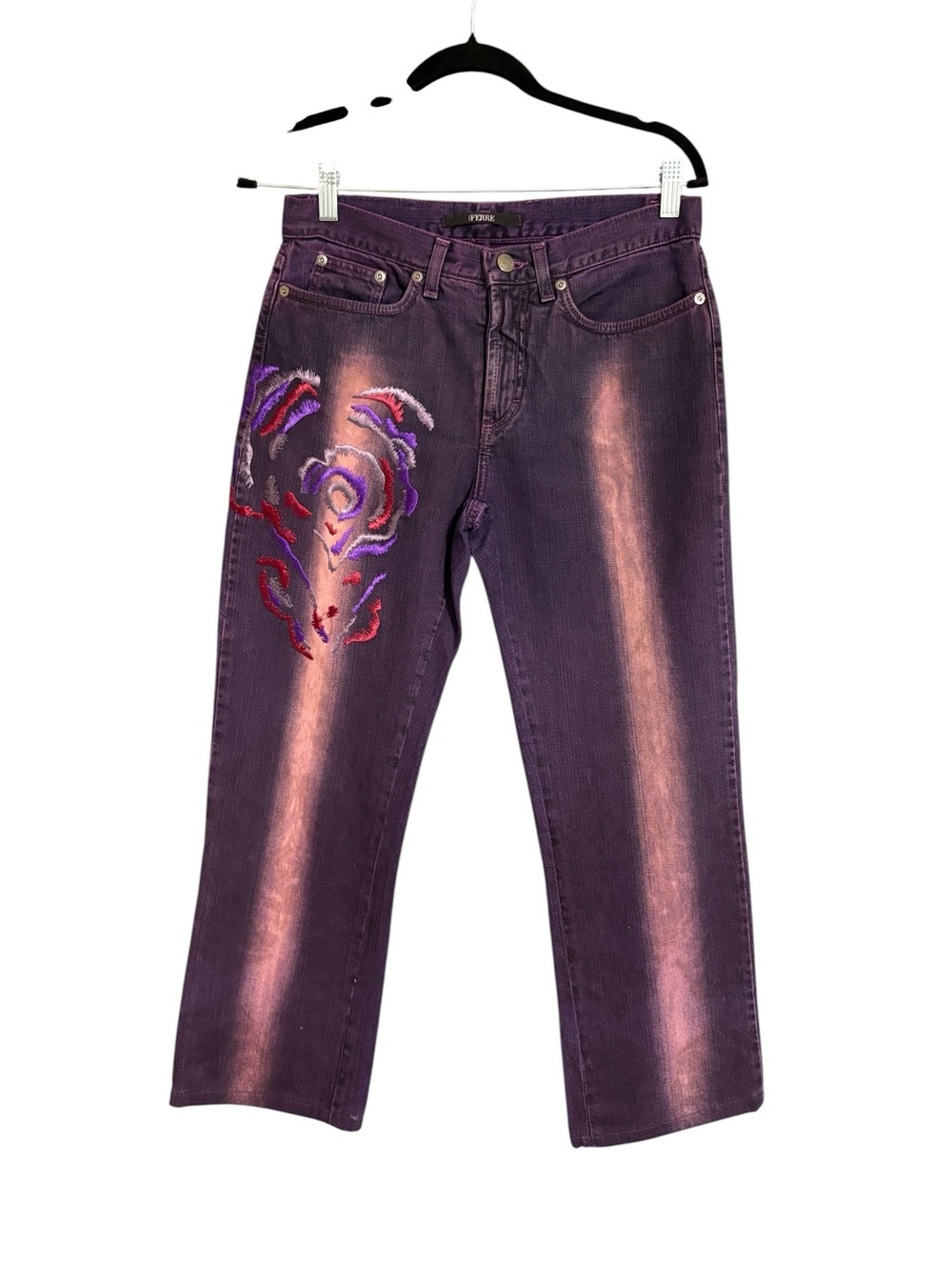 Vintage Y2K Ferre Purple Embroidered Art Straight-Leg Jean Size 29 Made in Italy